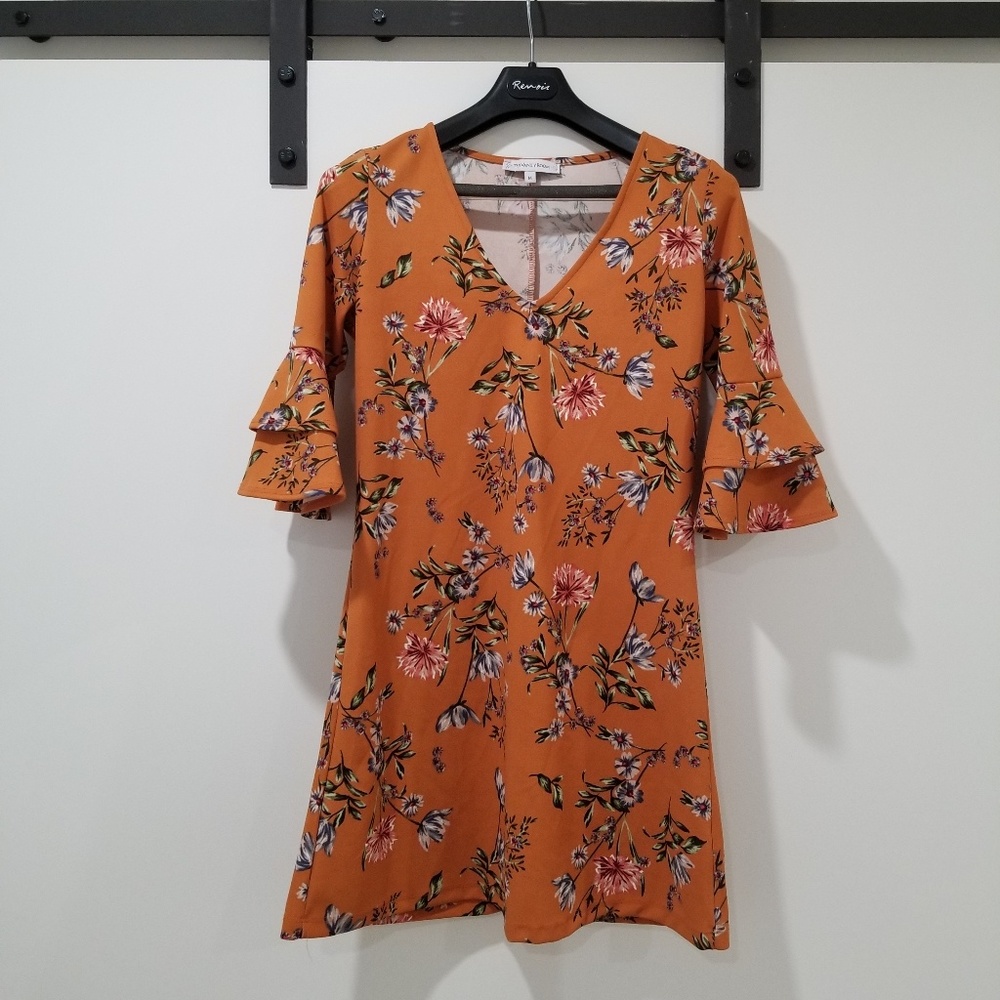 Vanity Room Floral V-Neck Ruffled Crepe Dress